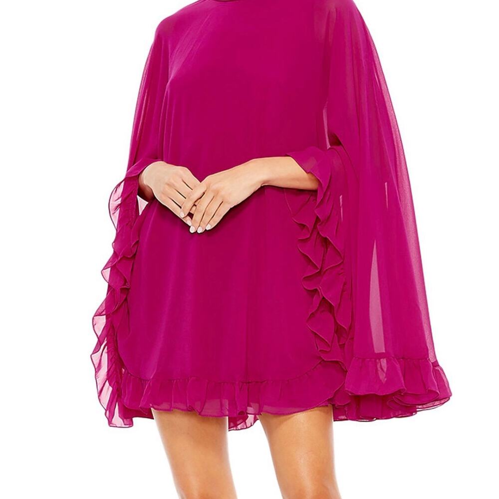Mac Duggal HIGH NECK RUFFLE HEM CAPE MINI DRESS MSRP $298 SZ 14 Color Fuschia